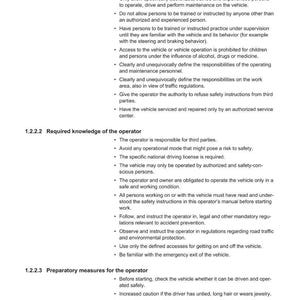 Puede incluir: Una p&aacute;gina blanca de un manual con el t&iacute;tulo "Introducci&oacute;n" y "1.2 Instrucciones de seguridad". El texto detalla las cualificaciones del personal de operaci&oacute;n, los deberes del propietario, los conocimientos requeridos del operador y las medidas preparatorias. El logotipo de Weidemann est&aacute; en la parte superior derecha.