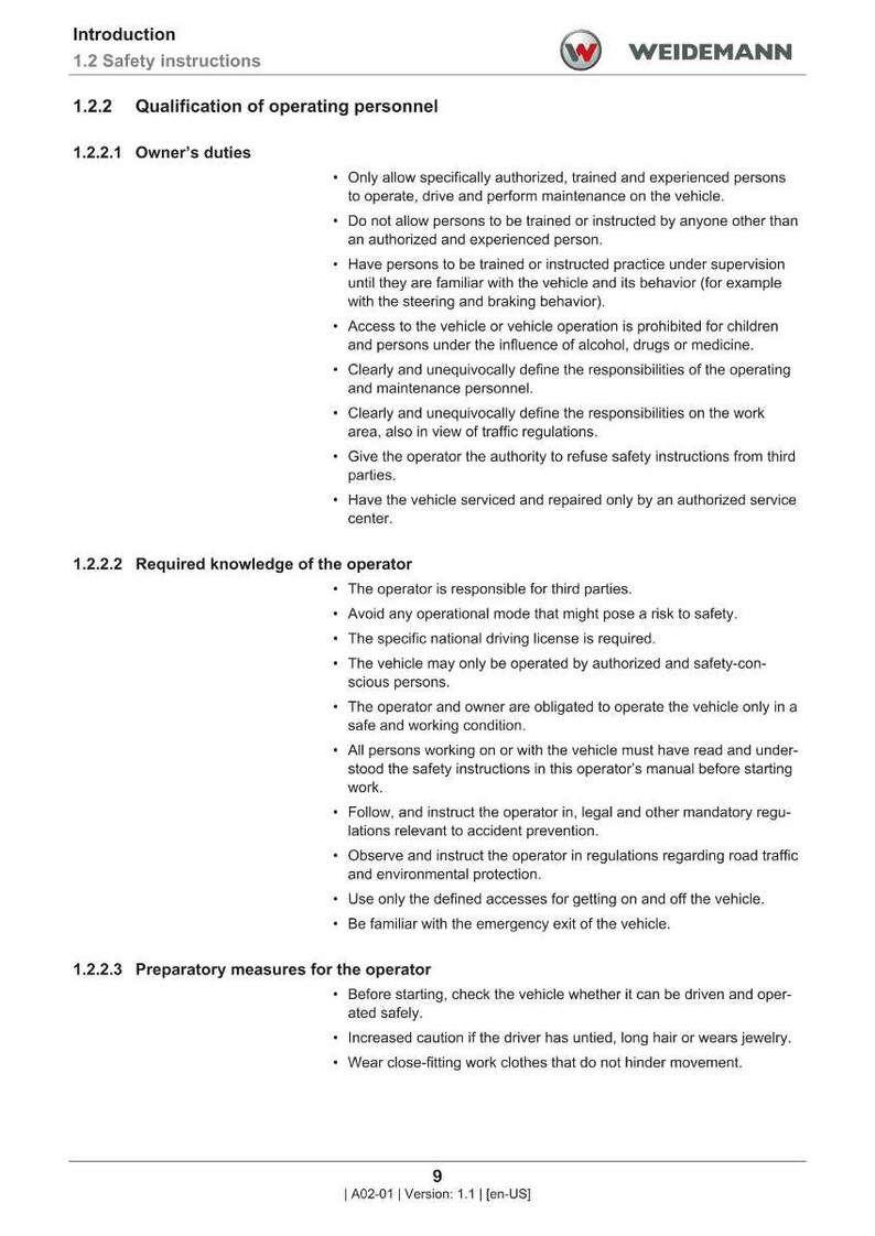 Puede incluir: Una p&aacute;gina blanca de un manual con el t&iacute;tulo "Introducci&oacute;n" y "1.2 Instrucciones de seguridad". El texto detalla las cualificaciones del personal de operaci&oacute;n, los deberes del propietario, los conocimientos requeridos del operador y las medidas preparatorias. El logotipo de Weidemann est&aacute; en la parte superior derecha.