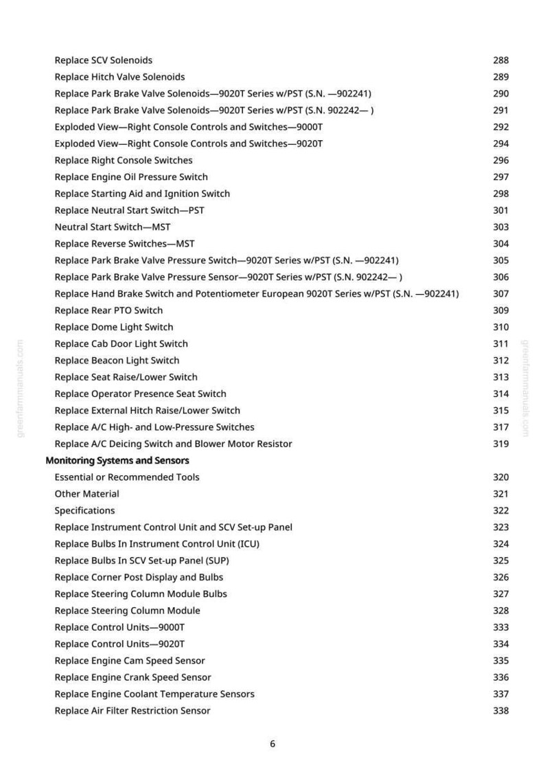 May include: A white-background page from a manual with a list of automotive parts and their corresponding page numbers. The text includes terms like "Replace SCV Solenoids" and "Replace Engine Coolant Temperature Sensors."