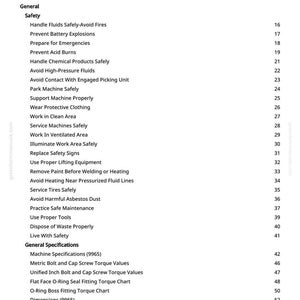 May include: A black and white document titled "Table of Contents" with a list of safety and general specifications. The document includes topics like "Handle Fluids Safely" and "Machine Specifications". The page numbers are on the right.