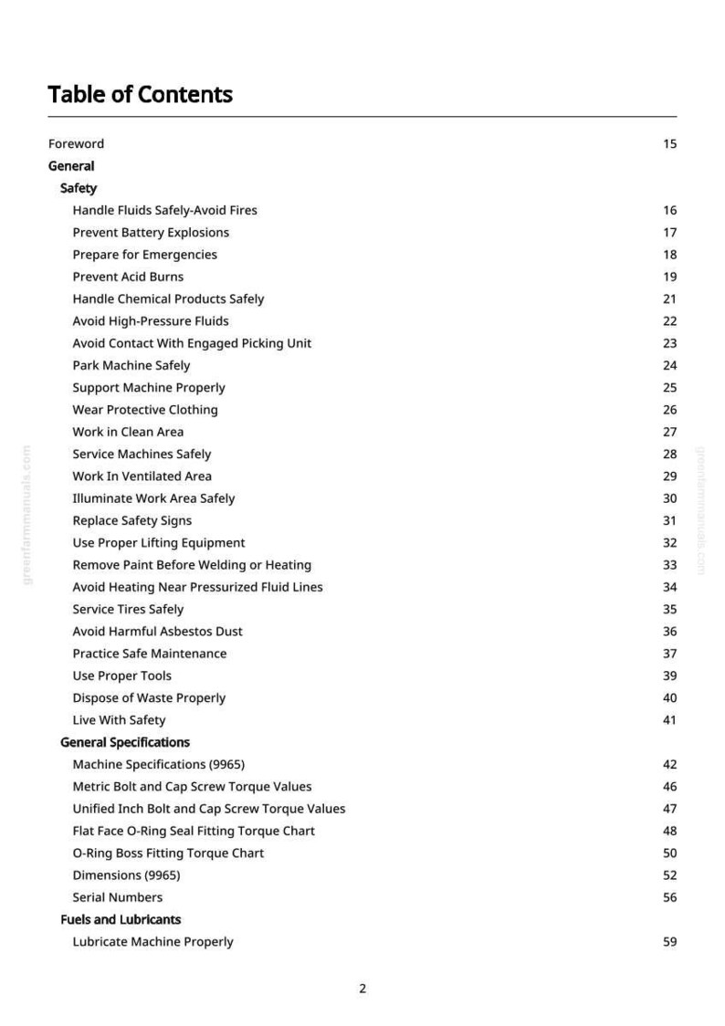 May include: A black and white document titled "Table of Contents" with a list of safety and general specifications. The document includes topics like "Handle Fluids Safely" and "Machine Specifications". The page numbers are on the right.