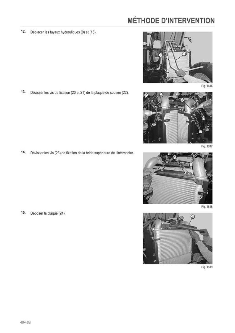 May include: Illustrated instructions for vehicle maintenance. The page includes diagrams and steps for removing and replacing parts. The text includes instructions such as "Remove the hydraulic hoses" and "Unscrew the fixing screws."