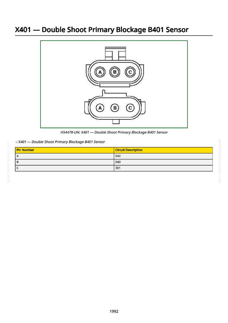 May include: Diagram of an X401 Double Shoot Primary Blockage B401 Sensor. The image shows two views of the sensor, labeled with letters A, B, and C. A table below lists pin numbers and circuit descriptions. Text includes "H54478-UN: X401 - Double Shoot Primary Blockage B401 Sensor."