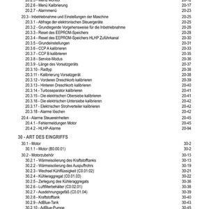May include: A detailed table of contents in German, with a white background and black text. The document lists various topics related to machinery, including alarms, calibration, and engine components.