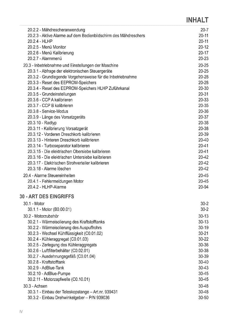 May include: A detailed table of contents in German, with a white background and black text. The document lists various topics related to machinery, including alarms, calibration, and engine components.