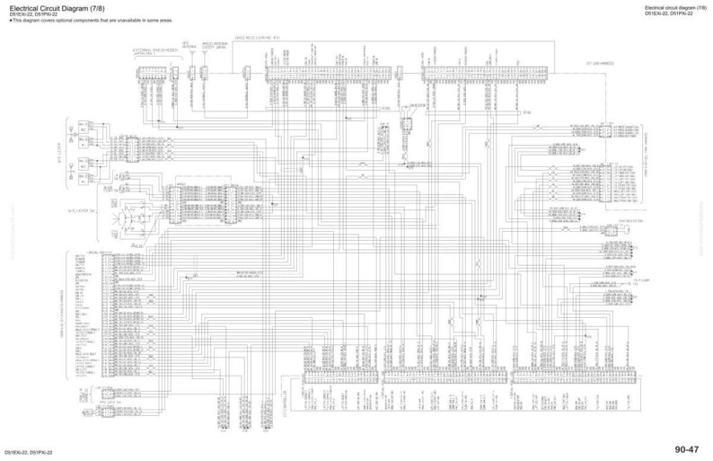 K&ouml;nnte beinhalten: Ein elektrischer Schaltplan mit einem komplexen Netzwerk aus Linien, Symbolen und Anschl&uuml;ssen. Das Diagramm ist mit "Electrical Circuit Diagram (7/8)" beschriftet und enth&auml;lt den Hinweis "This diagram shows optional components that are unavailable in some areas."