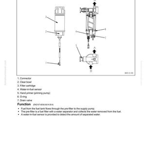 May include: Diagram of a pre-filter assembly with labeled components: connector, clear bowl, filter cartridge, water-in-fuel sensor, hand primer, O-ring, and drain valve. Text describes the pre-filter's function in fuel systems.