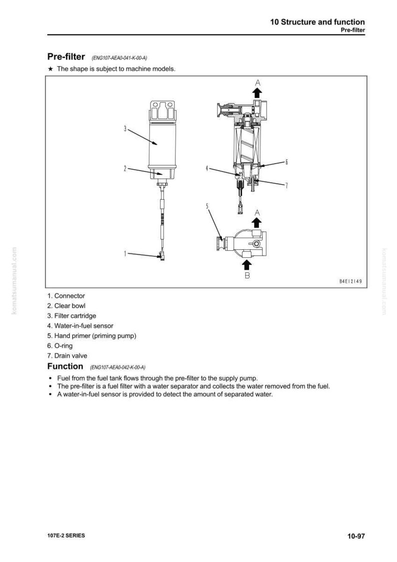 May include: Diagram of a pre-filter assembly with labeled components: connector, clear bowl, filter cartridge, water-in-fuel sensor, hand primer, O-ring, and drain valve. Text describes the pre-filter's function in fuel systems.