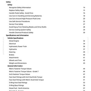 Puede incluir: Una p&aacute;gina blanca con una tabla de contenido de texto negro. La tabla enumera temas de seguridad, especificaciones del veh&iacute;culo e informaci&oacute;n general. Los n&uacute;meros de p&aacute;gina est&aacute;n en el lado derecho. El documento es de greenfarmmanuals.com.