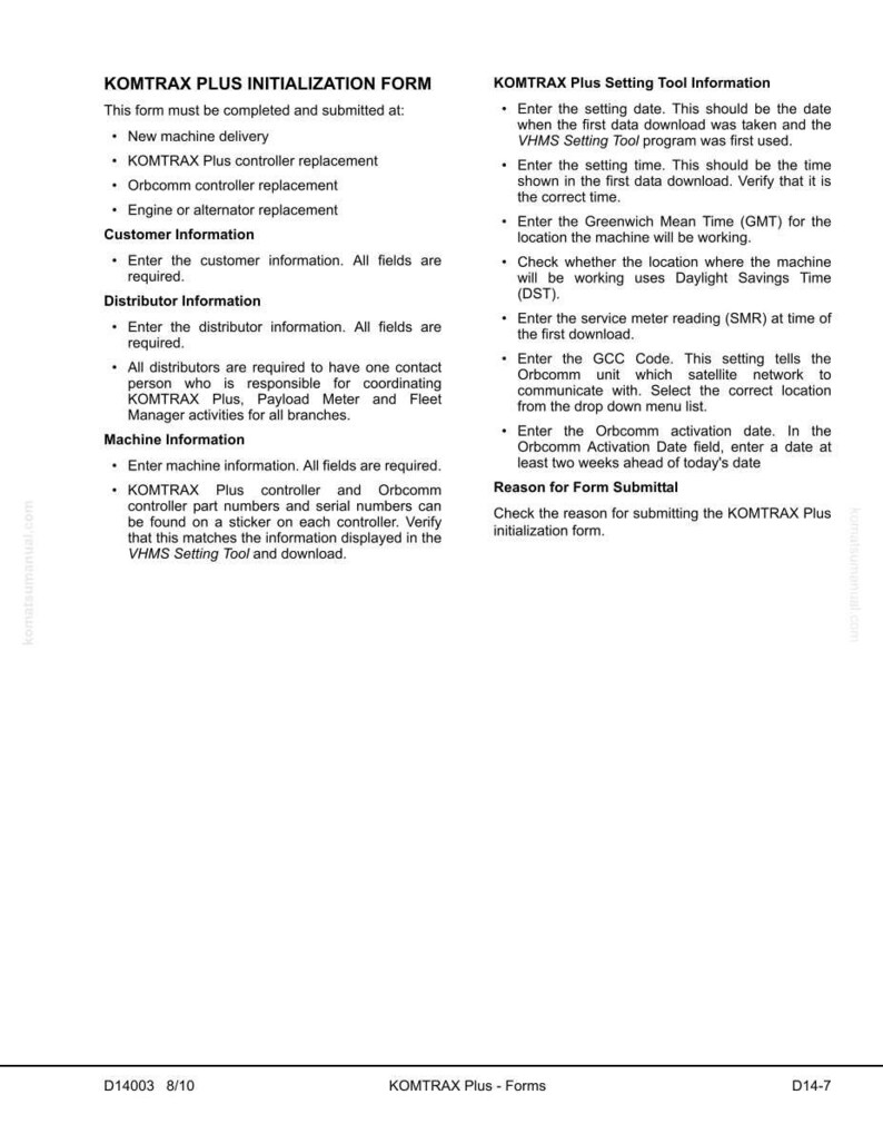 K&ouml;nnte beinhalten: Ein wei&szlig;es Formular mit dem Titel "KOMTRAX PLUS INITIALISIERUNGSFORMULAR" mit schwarzem Text. Das Formular enth&auml;lt Abschnitte f&uuml;r Kunden-, H&auml;ndler- und Maschineninformationen sowie Anweisungen zur Einrichtung des Tools.