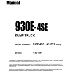 May include: A white shop manual cover with black text. The title "Shop Manual" is at the top, with "930E-4SE DUMP TRUCK" in large font. Includes serial numbers and engine specifications. Copyright 2021 Komatsu.