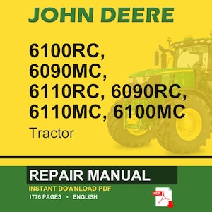 May include: A John Deere tractor repair manual cover. The image features a green and yellow tractor on a yellow background. Text includes "JOHN DEERE", tractor model numbers, and "REPAIR MANUAL". The manual is available as an instant PDF download.