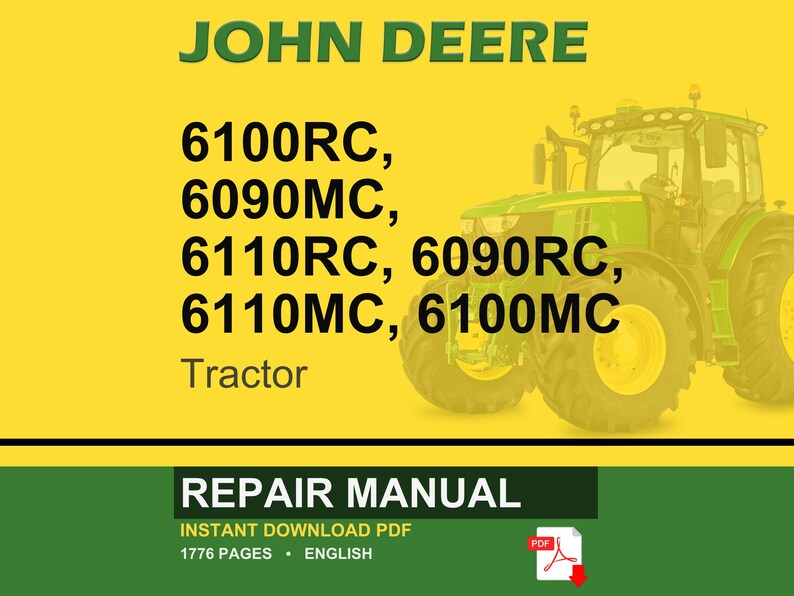 May include: A John Deere tractor repair manual cover. The image features a green and yellow tractor on a yellow background. Text includes "JOHN DEERE", tractor model numbers, and "REPAIR MANUAL". The manual is available as an instant PDF download.