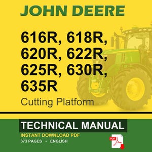May include: A technical manual cover featuring a John Deere tractor. The text includes "JOHN DEERE", tractor model numbers, and "Cutting Platform". The bottom banner reads "TECHNICAL MANUAL" and "INSTANT DOWNLOAD PDF". The image is set against a yellow background.