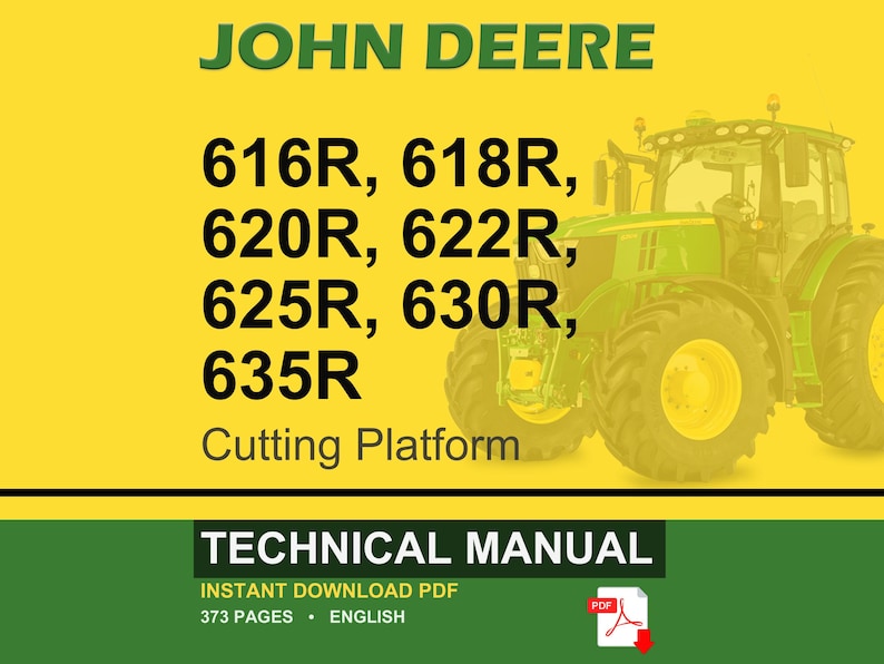 May include: A technical manual cover featuring a John Deere tractor. The text includes "JOHN DEERE", tractor model numbers, and "Cutting Platform". The bottom banner reads "TECHNICAL MANUAL" and "INSTANT DOWNLOAD PDF". The image is set against a yellow background.