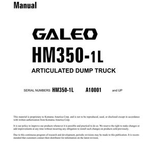以下が含まれることがあります： 「GALEO HM350-1L ARTICULATED DUMP TRUCK」のテキストが記載された白いショップマニュアル。マニュアルにはシリアル番号と著作権情報が含まれています。発行日は2007年12月、米国で印刷されました。