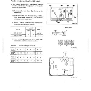May include: A technical diagram with instructions for adjusting a speedometer. The document includes diagrams of rotary switches, tables with settings, and a procedure for adjustment. The text includes the serial number 10663 and up.