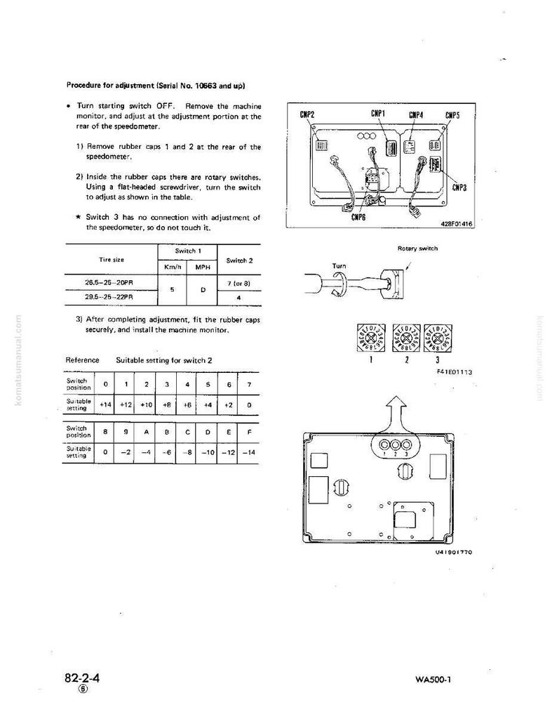 May include: A technical diagram with instructions for adjusting a speedometer. The document includes diagrams of rotary switches, tables with settings, and a procedure for adjustment. The text includes the serial number 10663 and up.