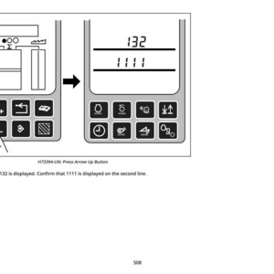 May include: Diagram of a control panel with buttons and a display showing the numbers 132 and 1111. The text "Press Arrow Up Button" is displayed. A finger is pressing a button labeled "CA".