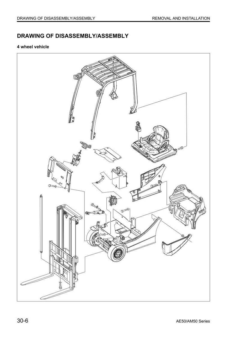 Pode incluir: Um diagrama explodido de um ve&iacute;culo de 4 rodas, mostrando o processo de desmontagem e montagem. A imagem inclui v&aacute;rios componentes, como o assento, a estrutura e as rodas, com etiquetas para remo&ccedil;&atilde;o e instala&ccedil;&atilde;o. O texto inclui "DRAWING OF DISASSEMBLY/ASSEMBLY".