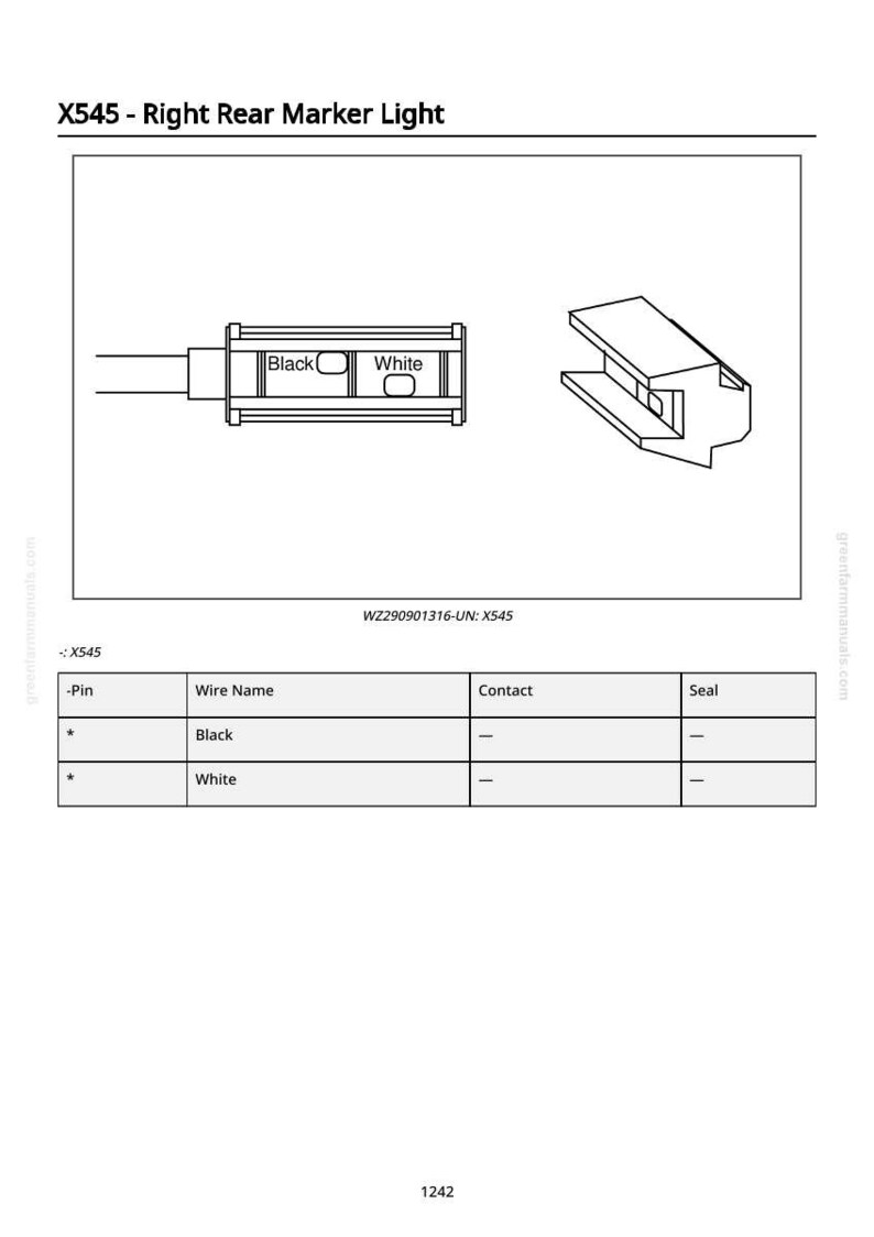 Peut inclure: Sch&eacute;ma d'un feu de position arri&egrave;re droit X545, avec un connecteur &eacute;tiquet&eacute; 'Noir' et 'Blanc', et un composant s&eacute;par&eacute;. Comprend un tableau d&eacute;taillant les noms de fils et les informations de contact. Texte : 'X545 - Right Rear Marker Light'.