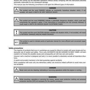 May include: Page from a manual with safety instructions. Includes sections on danger, warning, and caution, with corresponding symbols. Text details potential hazards and safety precautions for machinery operation and maintenance.