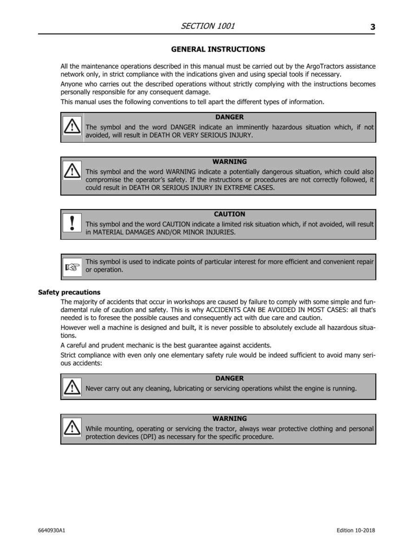May include: Page from a manual with safety instructions. Includes sections on danger, warning, and caution, with corresponding symbols. Text details potential hazards and safety precautions for machinery operation and maintenance.