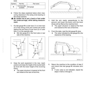 K&ouml;nnte beinhalten: Technische Zeichnung zur Messung des Spiels des Schwenkrolllagers. Das Bild zeigt Diagramme von Maschinenkomponenten, eine Teileliste und nummerierte Anweisungen. Der Text enth&auml;lt Sicherheitshinweise und Verfahrensschritte.