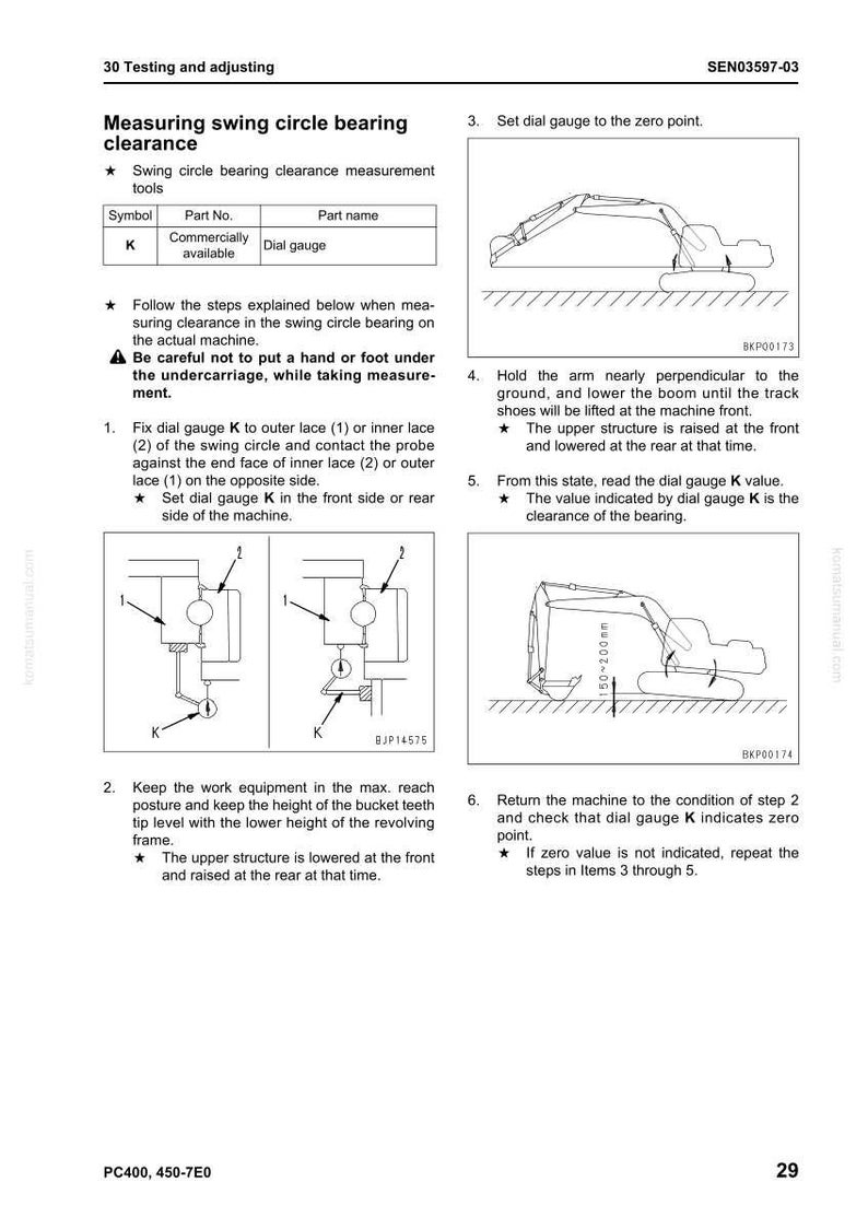 K&ouml;nnte beinhalten: Technische Zeichnung zur Messung des Spiels des Schwenkrolllagers. Das Bild zeigt Diagramme von Maschinenkomponenten, eine Teileliste und nummerierte Anweisungen. Der Text enth&auml;lt Sicherheitshinweise und Verfahrensschritte.