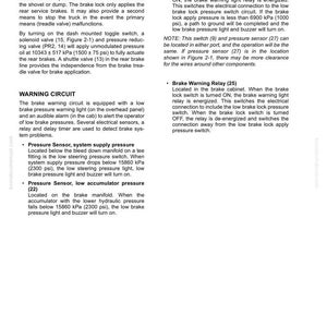 May include: A technical diagram from a manual detailing a brake lock circuit, warning circuit, and related components. Includes text descriptions of the functions and locations of various parts, such as pressure sensors and switches.