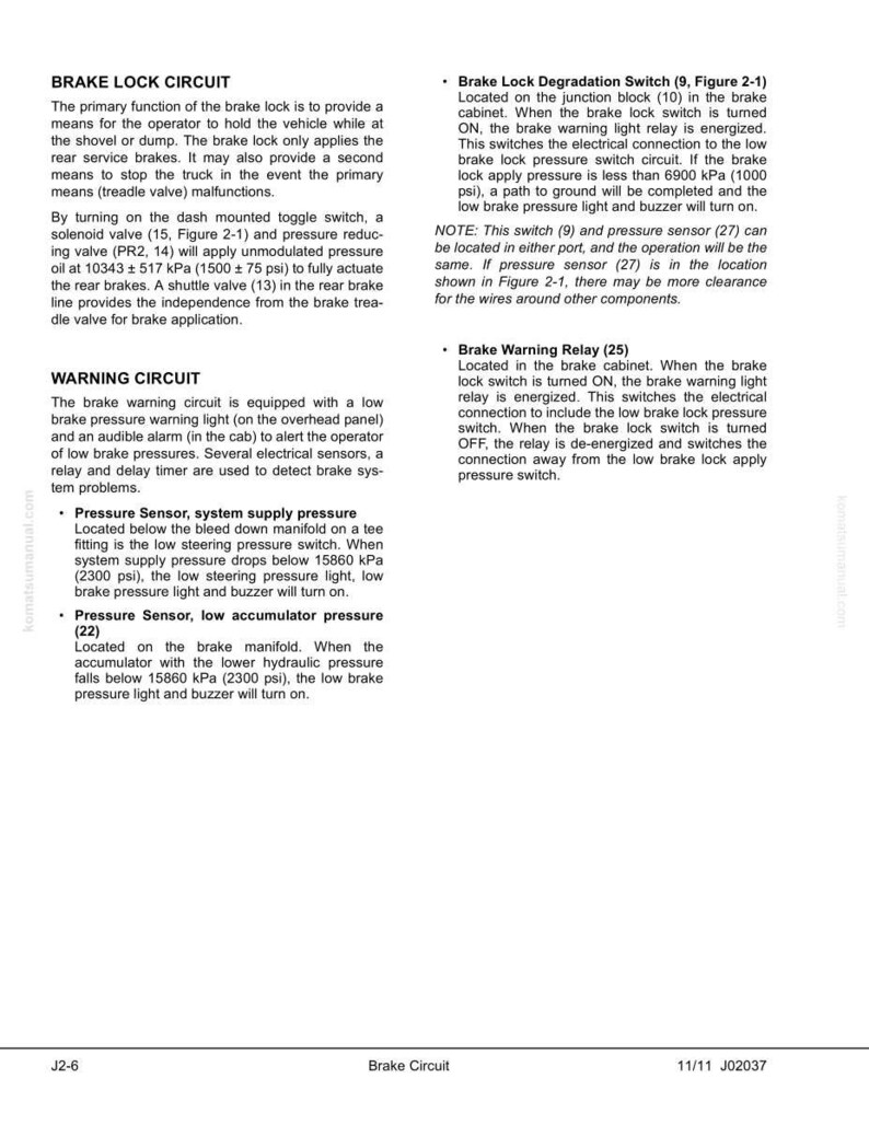 May include: A technical diagram from a manual detailing a brake lock circuit, warning circuit, and related components. Includes text descriptions of the functions and locations of various parts, such as pressure sensors and switches.
