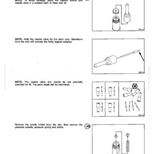 May include: Diagrams illustrating the cleaning and inspection of fuel injectors. The images show various injector components, including needle valves, nozzles, and plates, with accompanying text instructions. The page is from a manual.