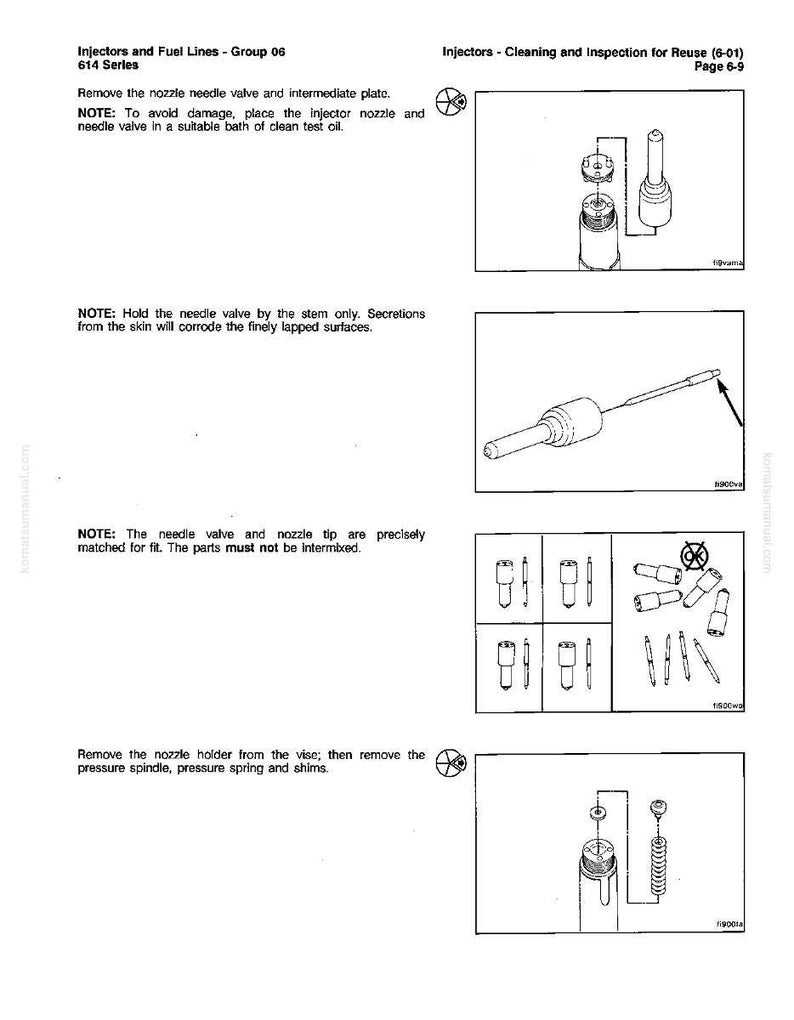 May include: Diagrams illustrating the cleaning and inspection of fuel injectors. The images show various injector components, including needle valves, nozzles, and plates, with accompanying text instructions. The page is from a manual.