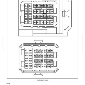 May include: Diagram of electrical components, featuring two rectangular connector layouts with labeled pins (A1-H4). Includes a table with pin numbers and circuit codes. Text: N62098-UN: X443.