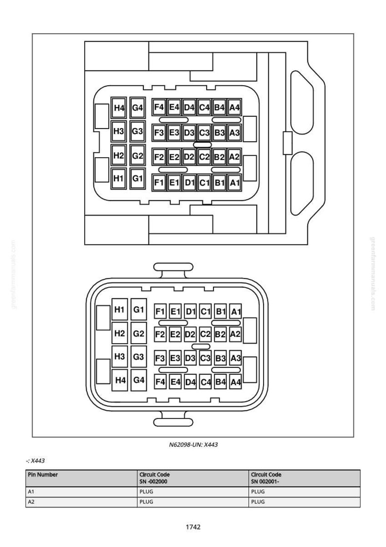 May include: Diagram of electrical components, featuring two rectangular connector layouts with labeled pins (A1-H4). Includes a table with pin numbers and circuit codes. Text: N62098-UN: X443.