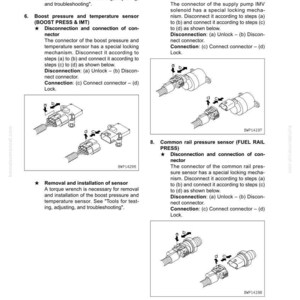 May include: Diagram of electrical system components with connectors, including a boost pressure and temperature sensor, and a common rail pressure sensor. Instructions detail disconnection and connection procedures, with labels and diagrams for each step.