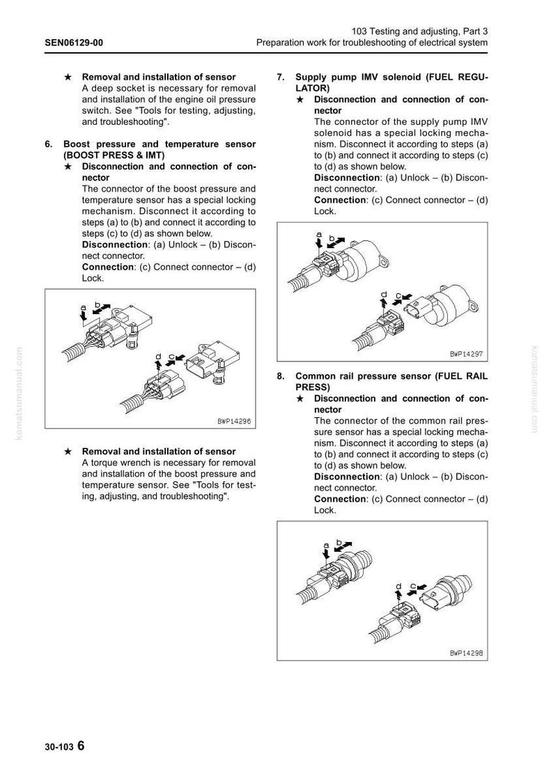 May include: Diagram of electrical system components with connectors, including a boost pressure and temperature sensor, and a common rail pressure sensor. Instructions detail disconnection and connection procedures, with labels and diagrams for each step.