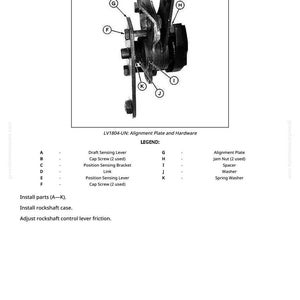 May include: Monochrome diagram showing mechanical components, such as an alignment plate, screws, and levers. Text labels identify parts like the draft sensing lever and position sensing bracket. The image is labelled "LV1804-UN: Alignment Plate and Hardware."