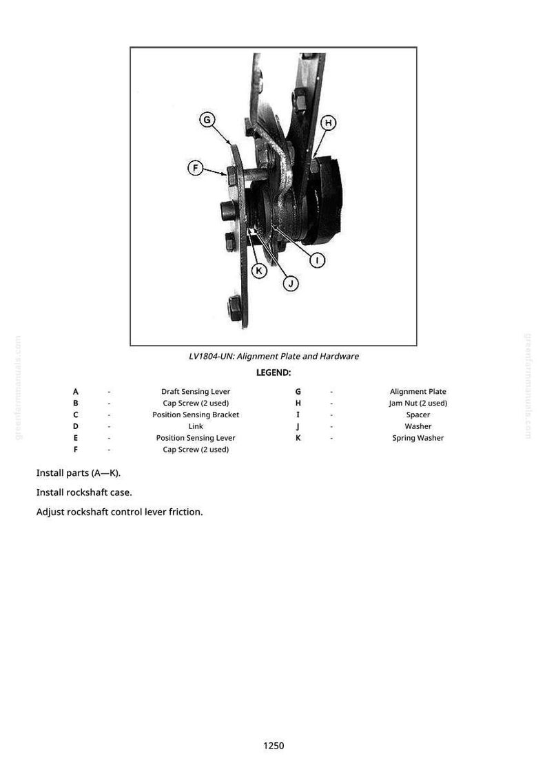 May include: Monochrome diagram showing mechanical components, such as an alignment plate, screws, and levers. Text labels identify parts like the draft sensing lever and position sensing bracket. The image is labelled "LV1804-UN: Alignment Plate and Hardware."