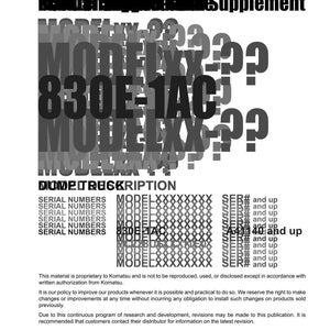 May include: White document with black text, including "Original Instructions Supplement" and "830E-1AC." The Komatsu logo is at the bottom. Text details serial numbers and model information. Copyright 2023 Komatsu Ltd.