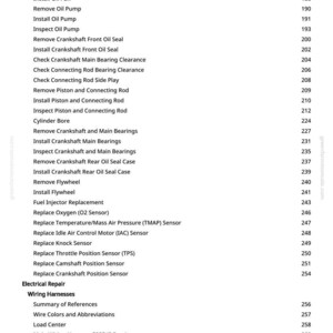 May include: A white page with a list of automotive repair procedures, including "Install Cylinder Head" and "Replace Oxygen (O2 Sensor)". The page also includes a section on "Wiring Harnesses".