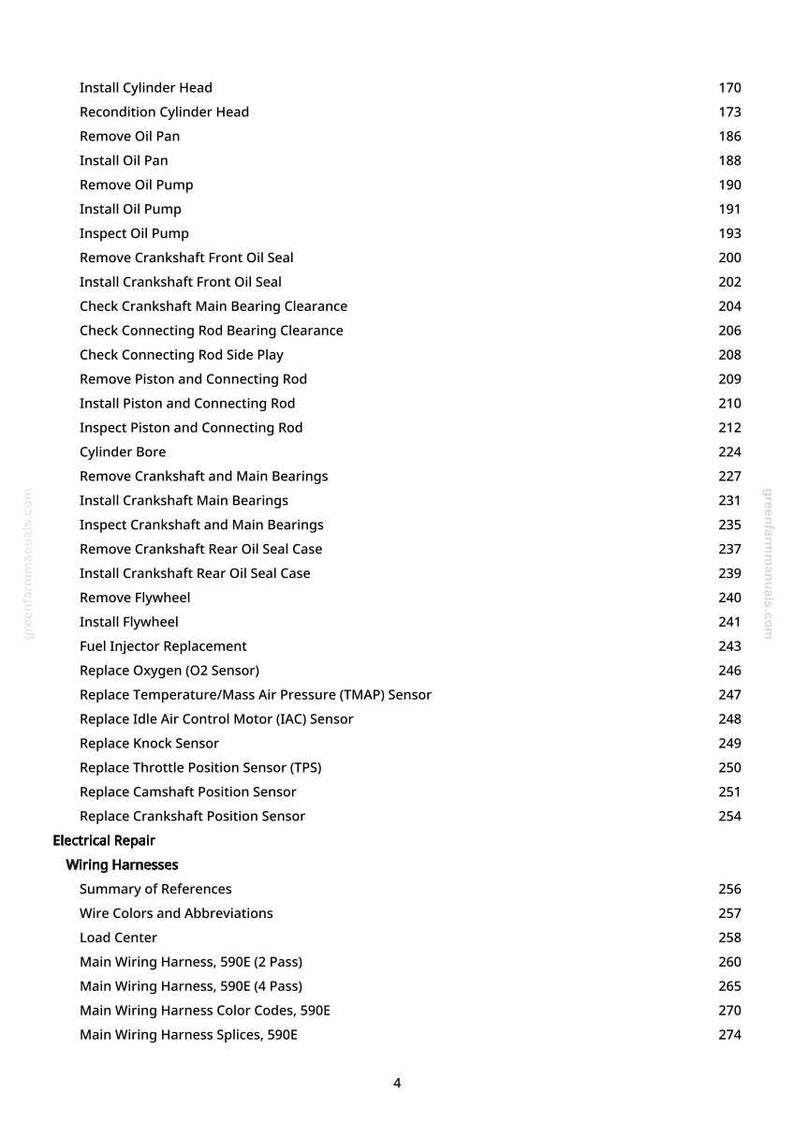 May include: A white page with a list of automotive repair procedures, including "Install Cylinder Head" and "Replace Oxygen (O2 Sensor)". The page also includes a section on "Wiring Harnesses".