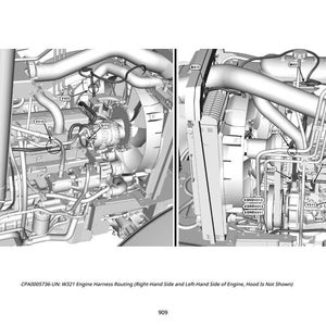 May include: Detailed diagram of an engine's internal components, including pipes, wires, and a fan. The image is in grayscale and labeled with various codes. Text at the bottom reads: CPA0005736-UN: W321 Engine Harness Routing (Right-Hand Side and Left-Hand Side of Engine, Hood Is Not Shown).