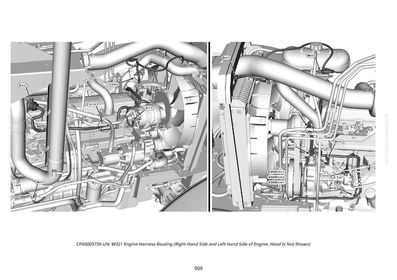 May include: Detailed diagram of an engine's internal components, including pipes, wires, and a fan. The image is in grayscale and labeled with various codes. Text at the bottom reads: CPA0005736-UN: W321 Engine Harness Routing (Right-Hand Side and Left-Hand Side of Engine, Hood Is Not Shown).