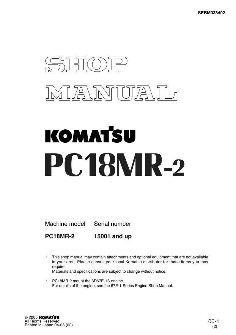 May include: A white shop manual with the text "SHOP MANUAL" at the top. The Komatsu logo is visible, along with "PC18MR-2". The machine model is PC18MR-2, and the serial number is 15001 and up. The manual is printed in Japan.