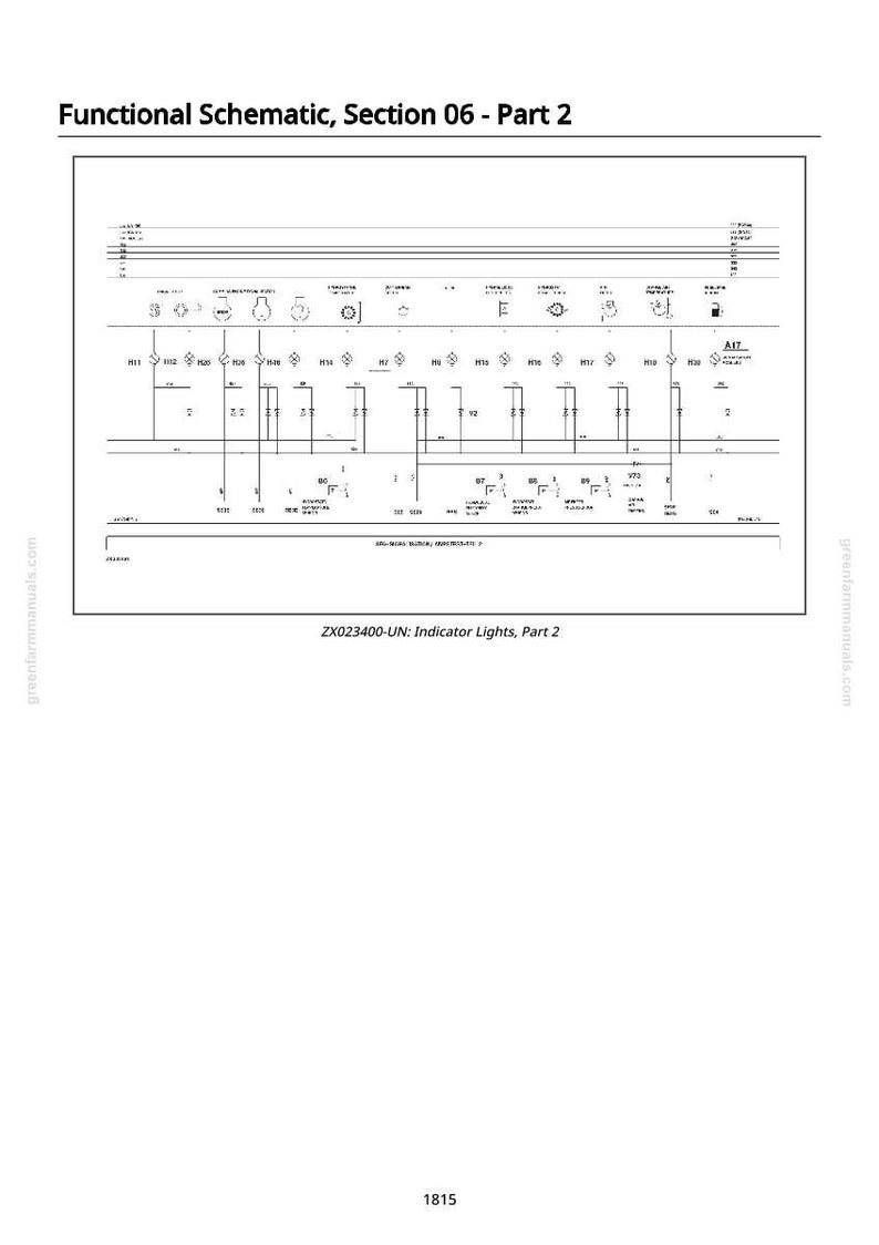 K&ouml;nnte beinhalten: Schwarz-wei&szlig;es Funktionsschaltbild mit der Bezeichnung "Funktionsschema, Abschnitt 06 - Teil 2". Das Diagramm enth&auml;lt Linien, Symbole und Text mit dem Titel "ZX023400-UN: Kontrollleuchten, Teil 2". Die Nummer "1815" befindet sich unten.