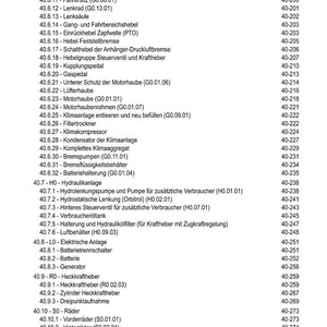 May include: A detailed German table of contents, listing components and systems like the instrument panel, cabin roof, and hydraulic system. The document includes page numbers for each item, providing a comprehensive overview of the listed items.