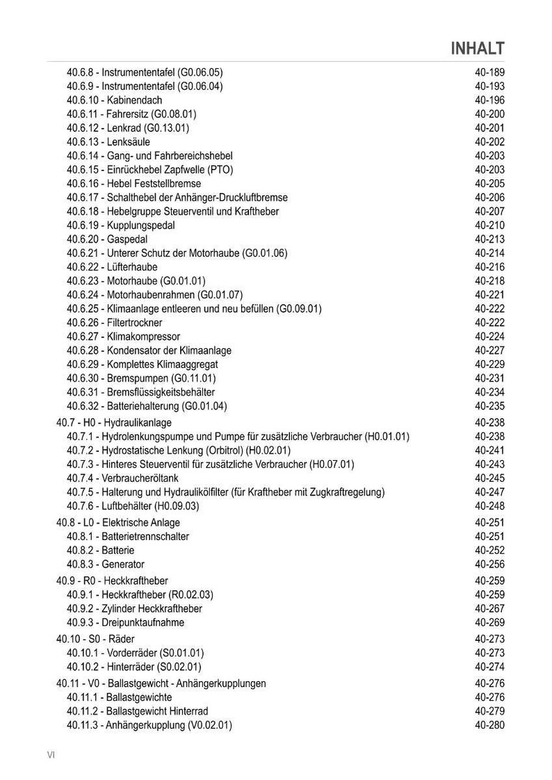 May include: A detailed German table of contents, listing components and systems like the instrument panel, cabin roof, and hydraulic system. The document includes page numbers for each item, providing a comprehensive overview of the listed items.