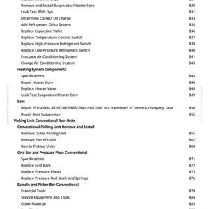 May include: A detailed list of agricultural equipment maintenance procedures, including replacing valves, belts, and other components. The text is organized into sections such as "Heating System Components" and "Picking Unit-Conventional Row Units."