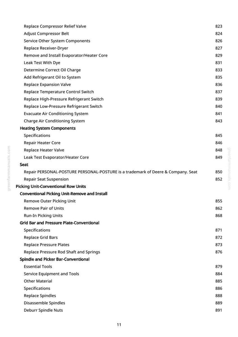 May include: A detailed list of agricultural equipment maintenance procedures, including replacing valves, belts, and other components. The text is organized into sections such as "Heating System Components" and "Picking Unit-Conventional Row Units."